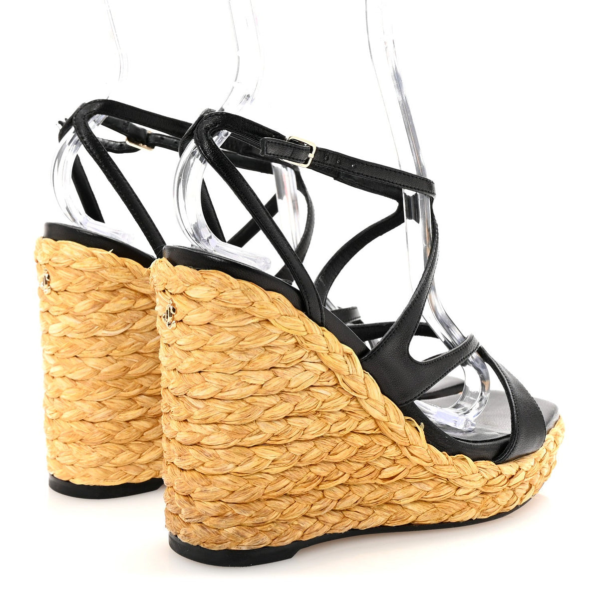 Jimmy Choo Raffia Nappa Women's Ayla 110mm Wedge Sandals 35 Black