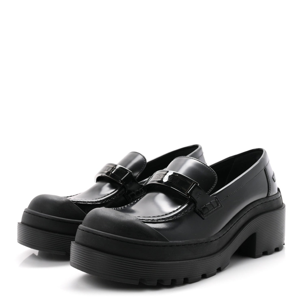 Christian Dior Brushed Calfskin Rubber Women's Dior Code Cap Toe Lug Sole Loafers 39 Black