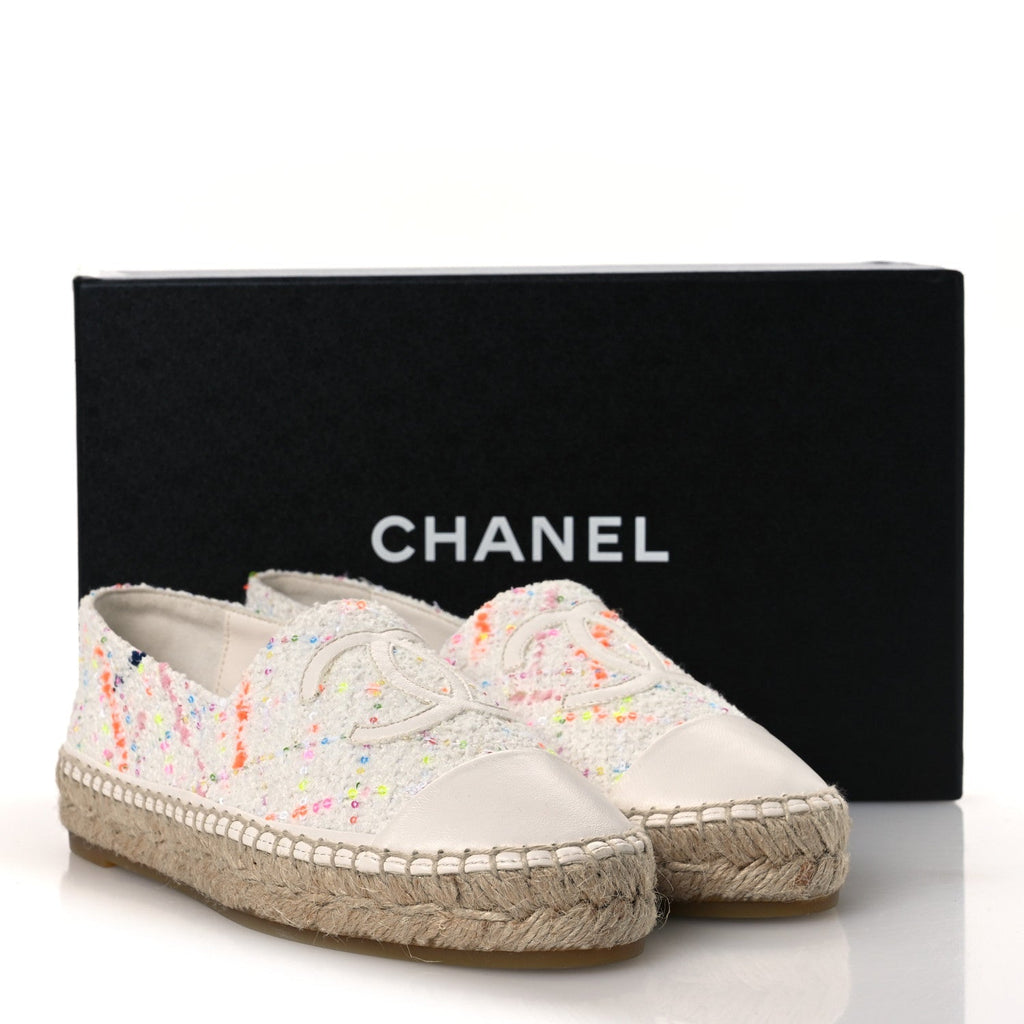 Chanel Glittered Tweed Lambskin Women's CC Espadrilles 36 White Multicolor