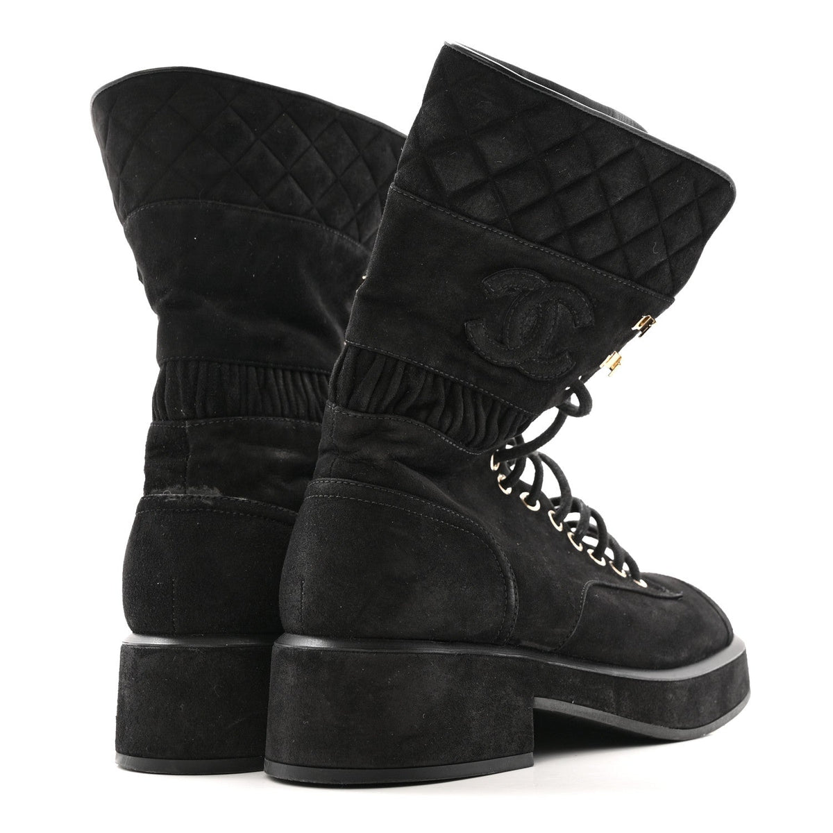 Chanel Suede Quilted Women's CC Lace Up Combat Boots 38.5 Black