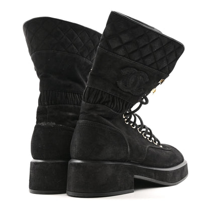 Chanel Suede Quilted Women's CC Lace Up Combat Boots 38.5 Black