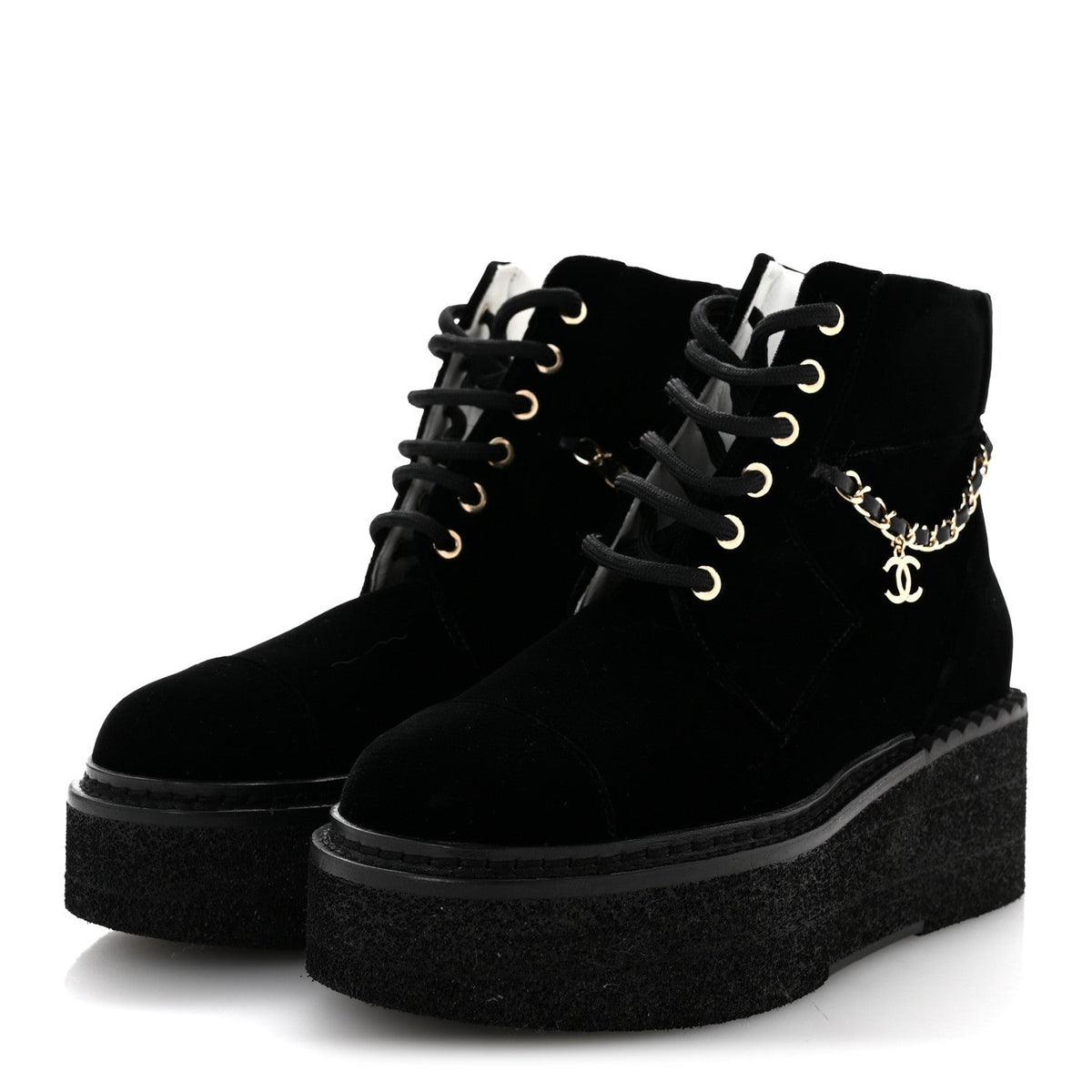 Chanel Velvet Women's Chain Lace Up CC Short Boots 35.5 Black