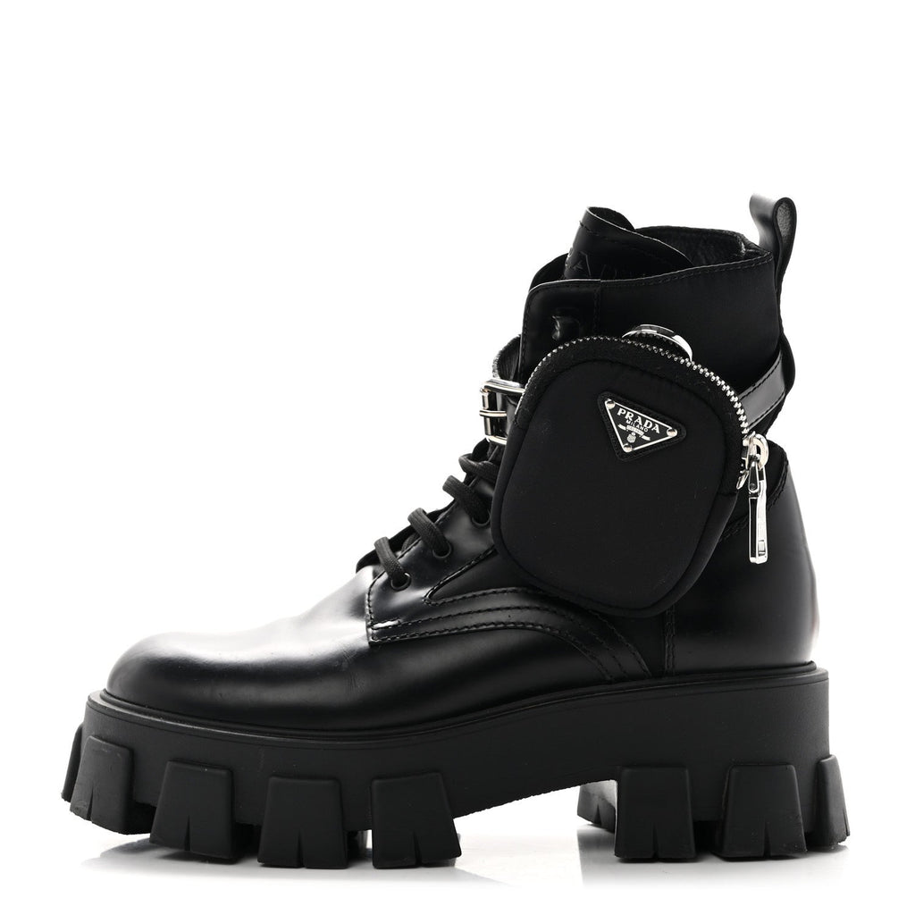 Prada Spazzolato Calfskin Nylon Women's Monolith Pouch Boots 38 Black