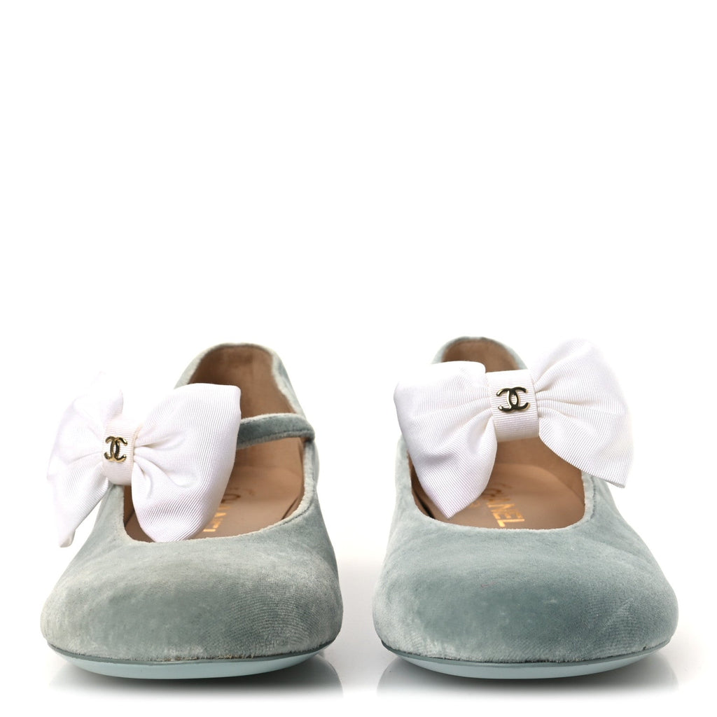 Chanel Velvet Grosgrain Bow Women's Mary Jane Flats 37.5 Light Green White
