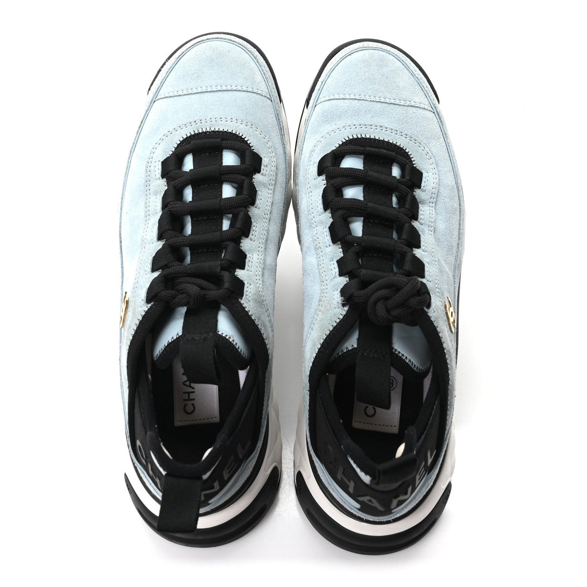 Chanel Suede Calfskin Nylon Grosgrain Women's CC Sneakers 38.5 Light Blue