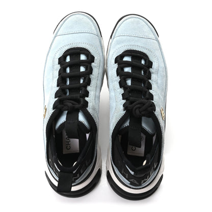 Chanel Suede Calfskin Nylon Grosgrain Women's CC Sneakers 38.5 Light Blue