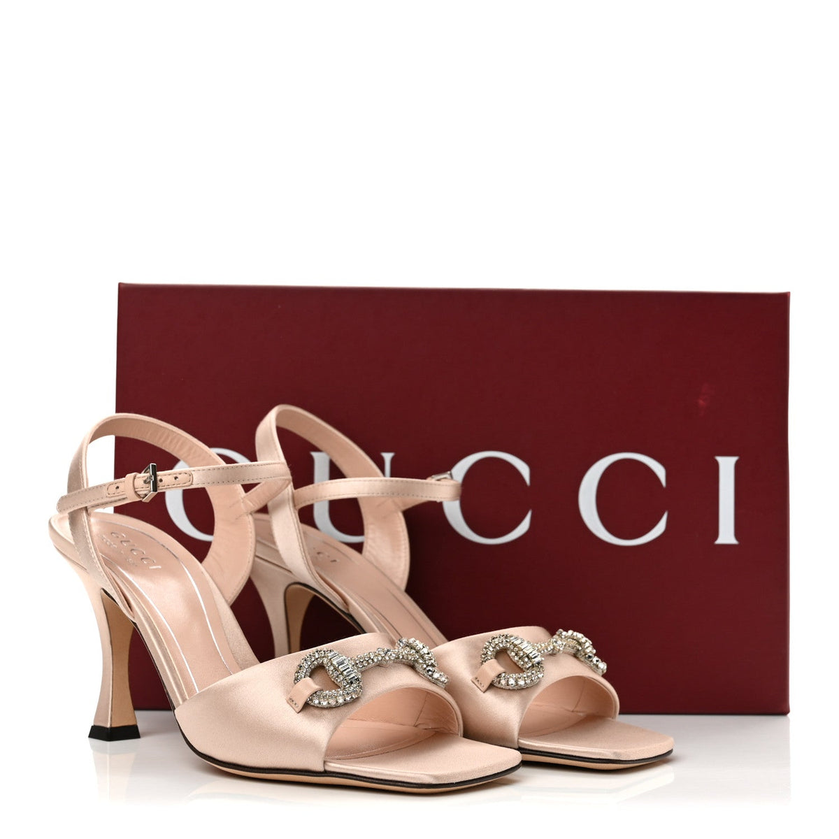 Gucci Satin Women's Crystal Horsebit Sandal Pumps 37 Antique Rose