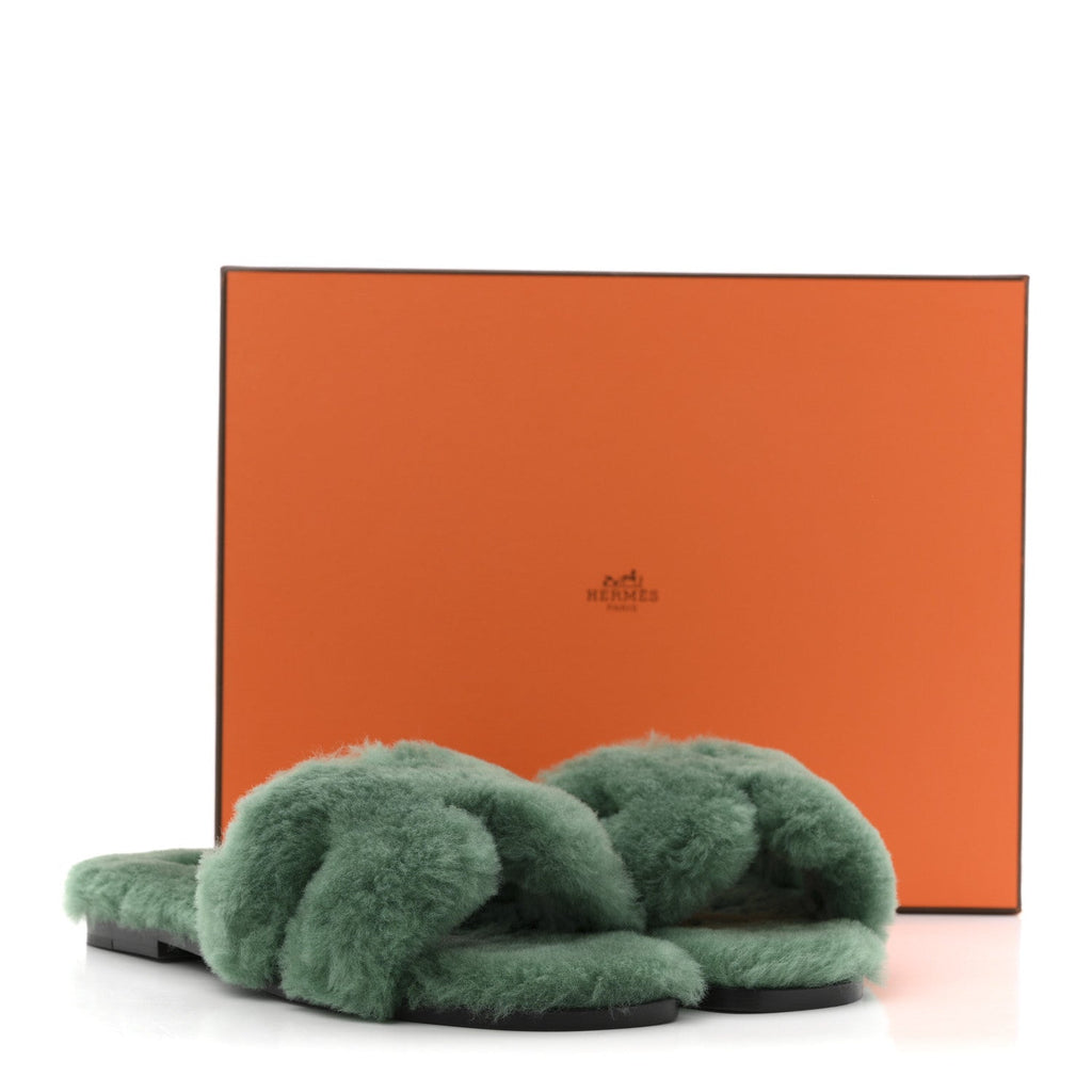Hermes Woolskin Women's Oran Sandals 37.5 Vert Anglais