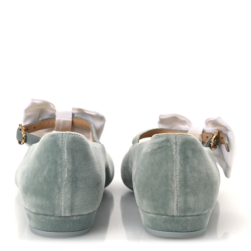 Chanel Velvet Grosgrain Bow Women's Mary Jane Flats 37.5 Light Green White