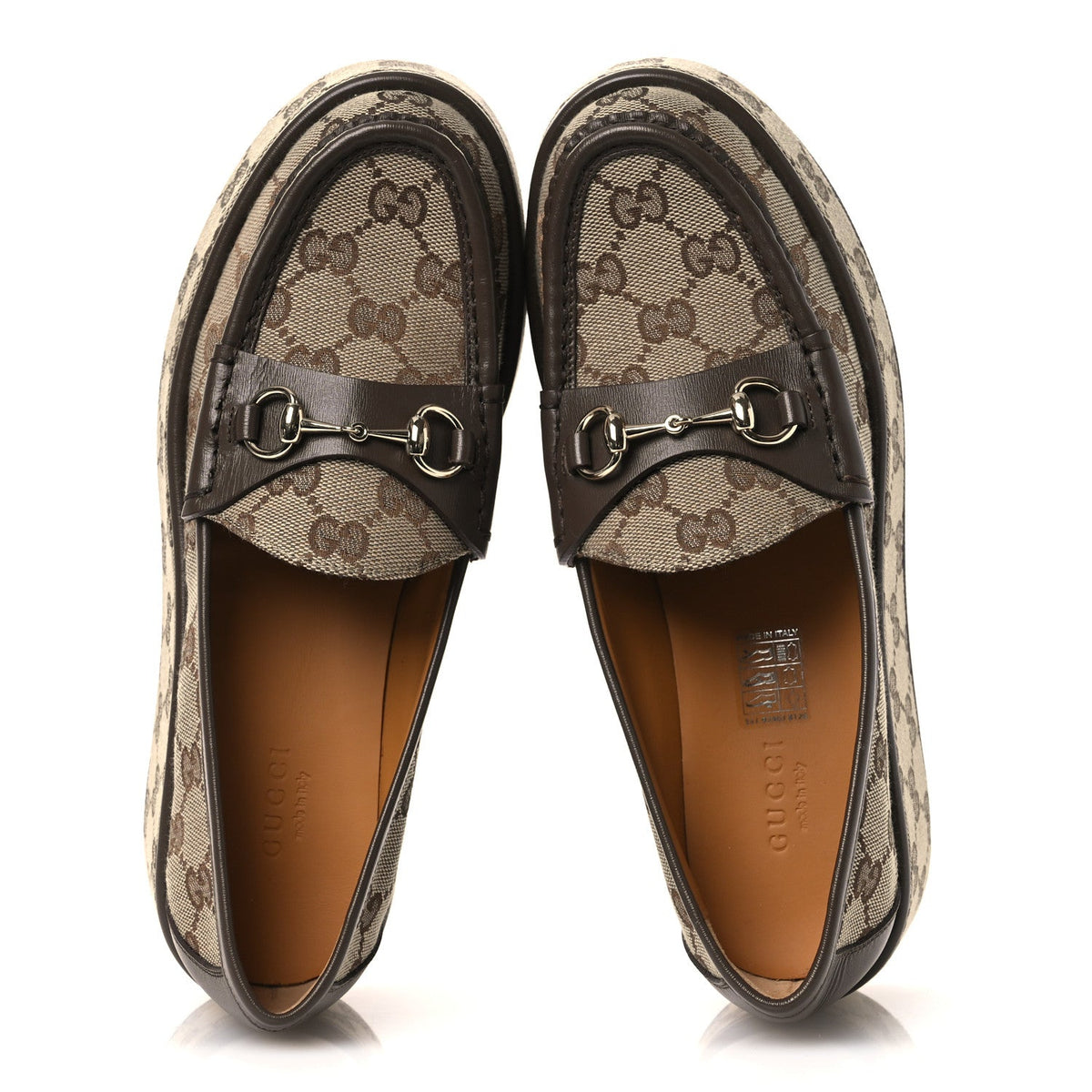 Gucci Monogram Canvas Women's Horsebit Wedge Platform Loafers 37 Beige Ebony