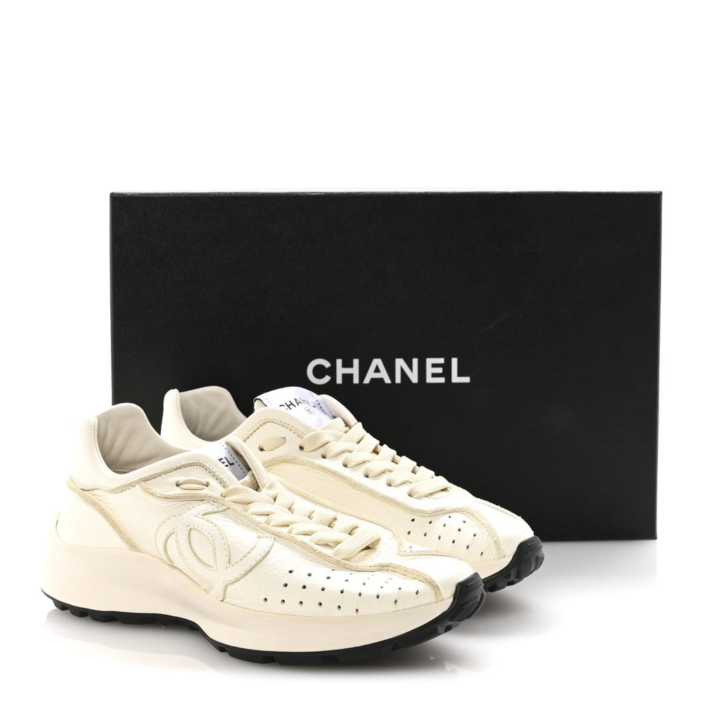 Chanel Perforated Calfskin Women's CC Sneakers 36.5 White