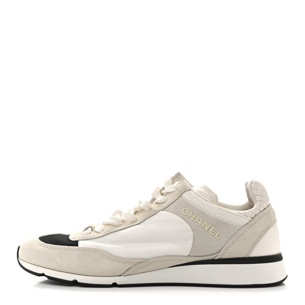 Chanel Nylon Suede Kidskin Calfskin Women's Logo Sneakers 37.5 White Black