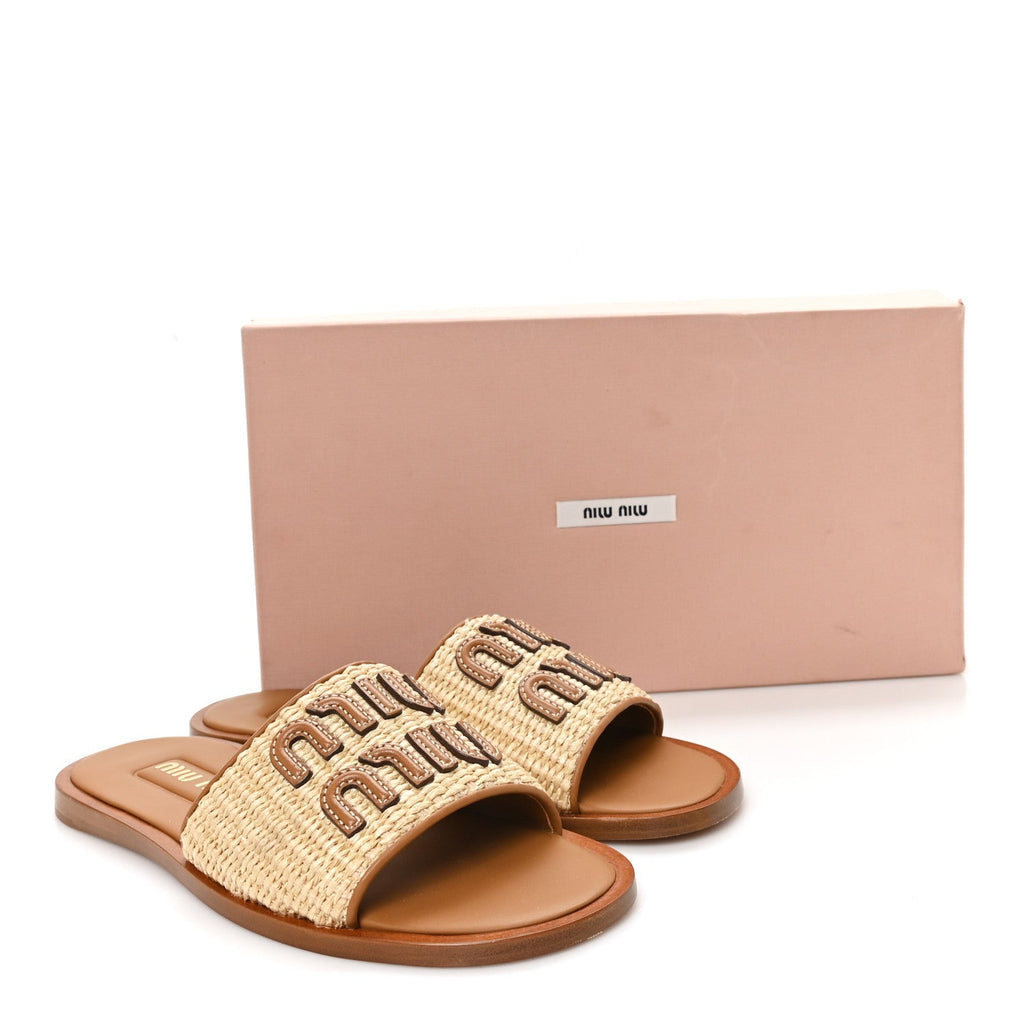 Miu Miu Stuoia Raffia Calfskin Women's Logo Sandals 36 Naturale
