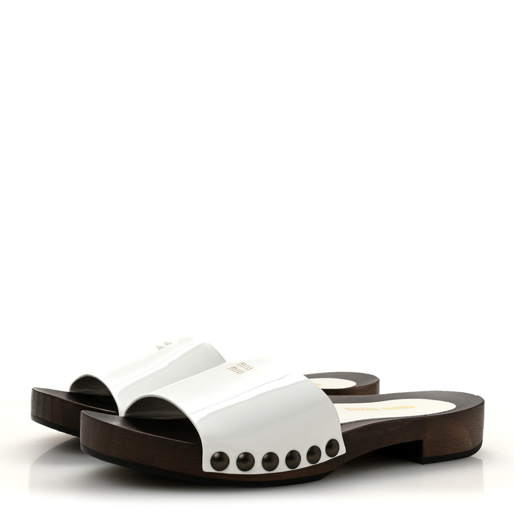 Miu Miu Patent Leather Women's Vernice Logo Slide Clogs 36 White