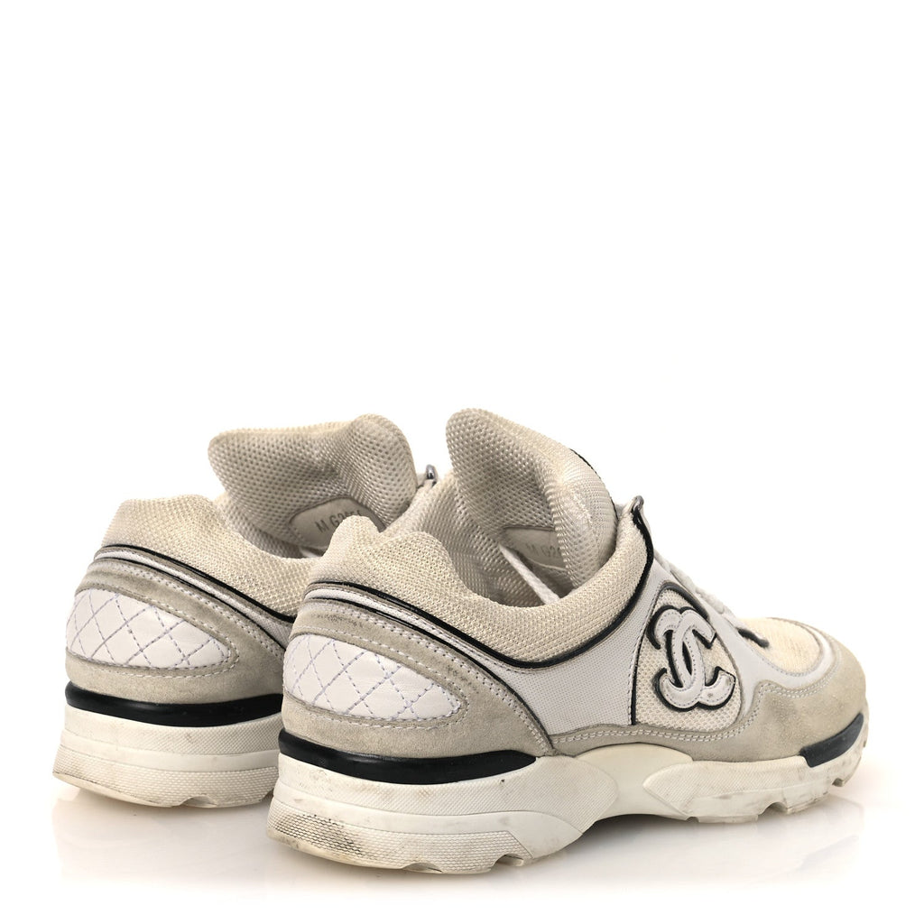 Chanel Mesh Suede Calfskin Women's CC Sneakers 37.5 White Black