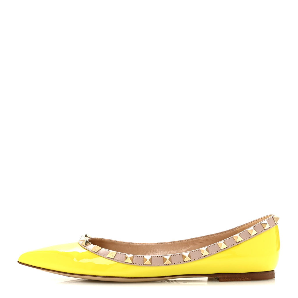 Valentino Garavani Patent Leather Women's Rockstud Flats 38 Acid Yellow