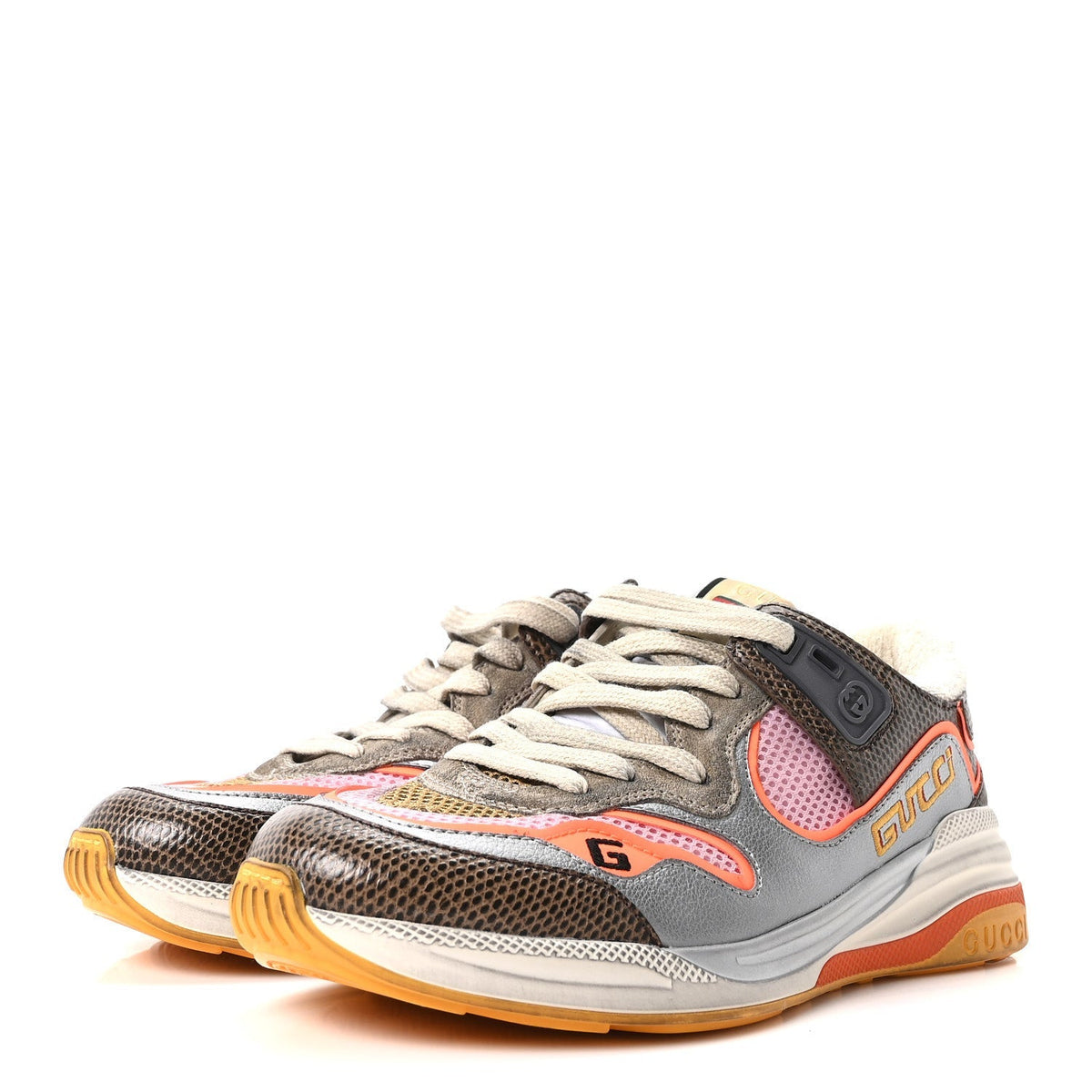 Gucci Calfskin Suede Mesh Women's Ultrapace Sneakers 37 Silver Anthracite Neon Orange