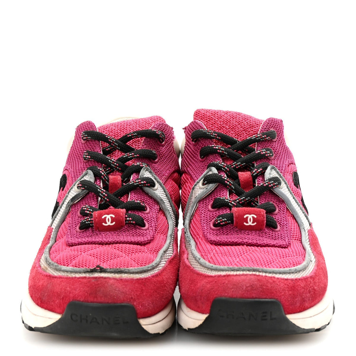Chanel Mesh Suede Calfskin Women's CC Sneakers 35 Dark Pink Silver