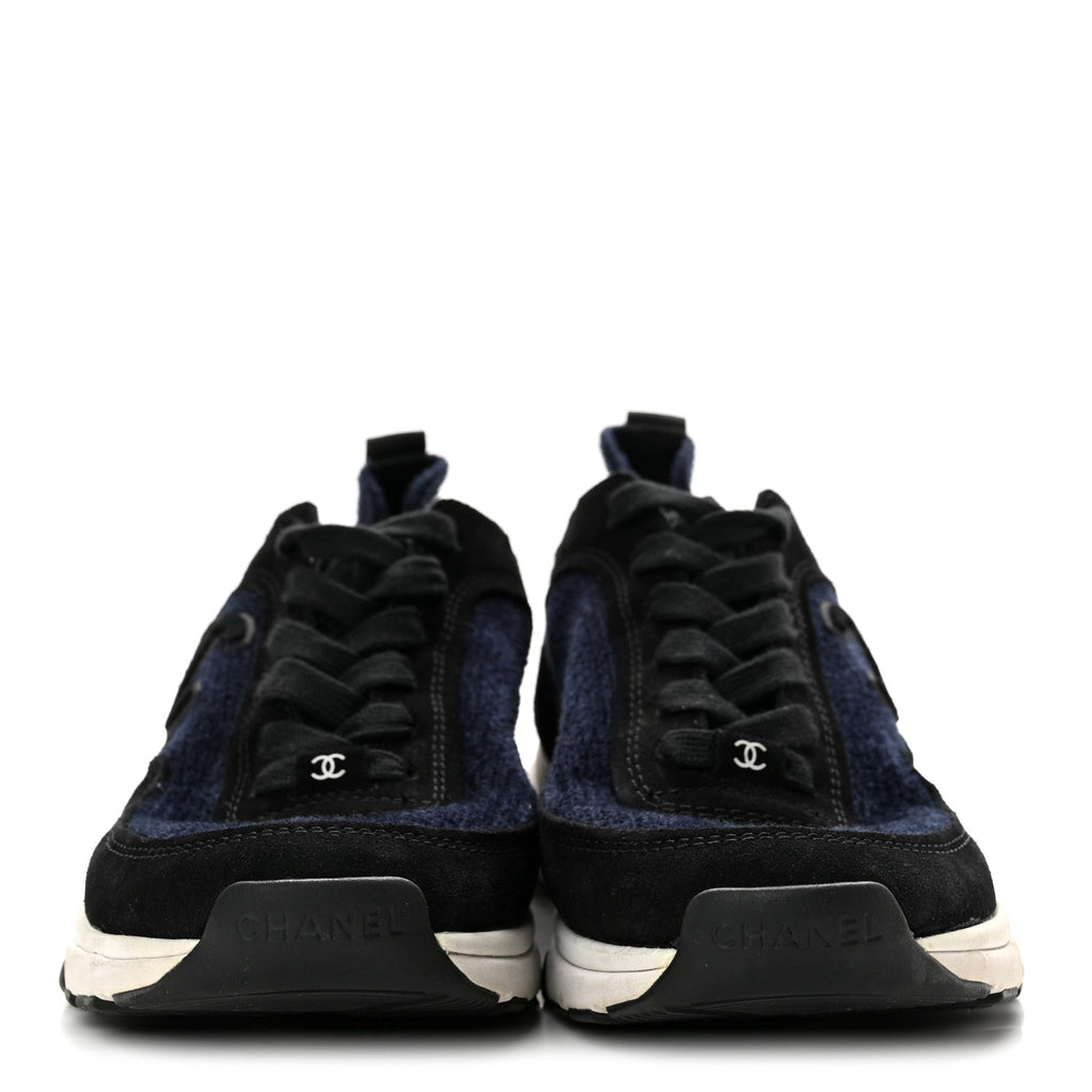 Chanel Knit Fabric Suede Calfskin CC Women's Sneakers Navy Black