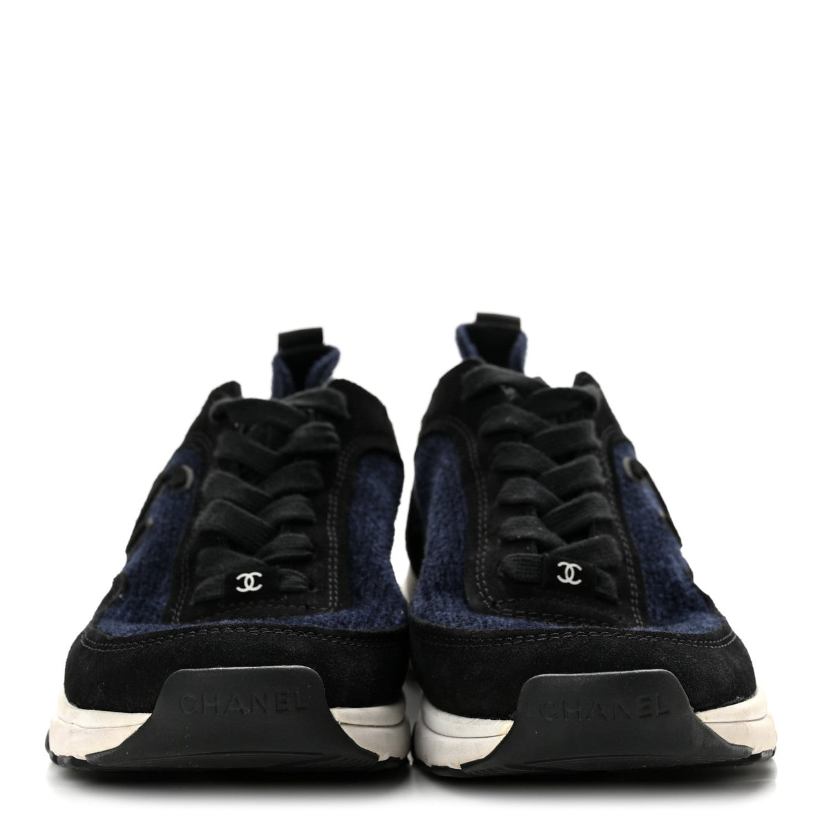 Chanel Knit Fabric Suede Calfskin CC Women's Sneakers Navy Black
