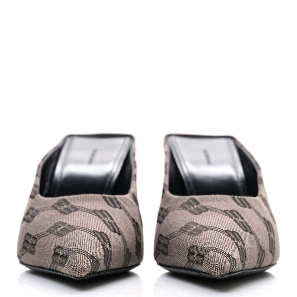 Balenciaga Monogram Canvas Women's Square Knife 80mm Mules 38.5 Dark Mink Grey Dark Brown