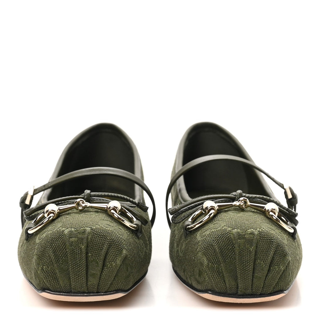 Gucci GG Canvas Women's Monogram Horsebit Bow Ballet Flats 39 Green