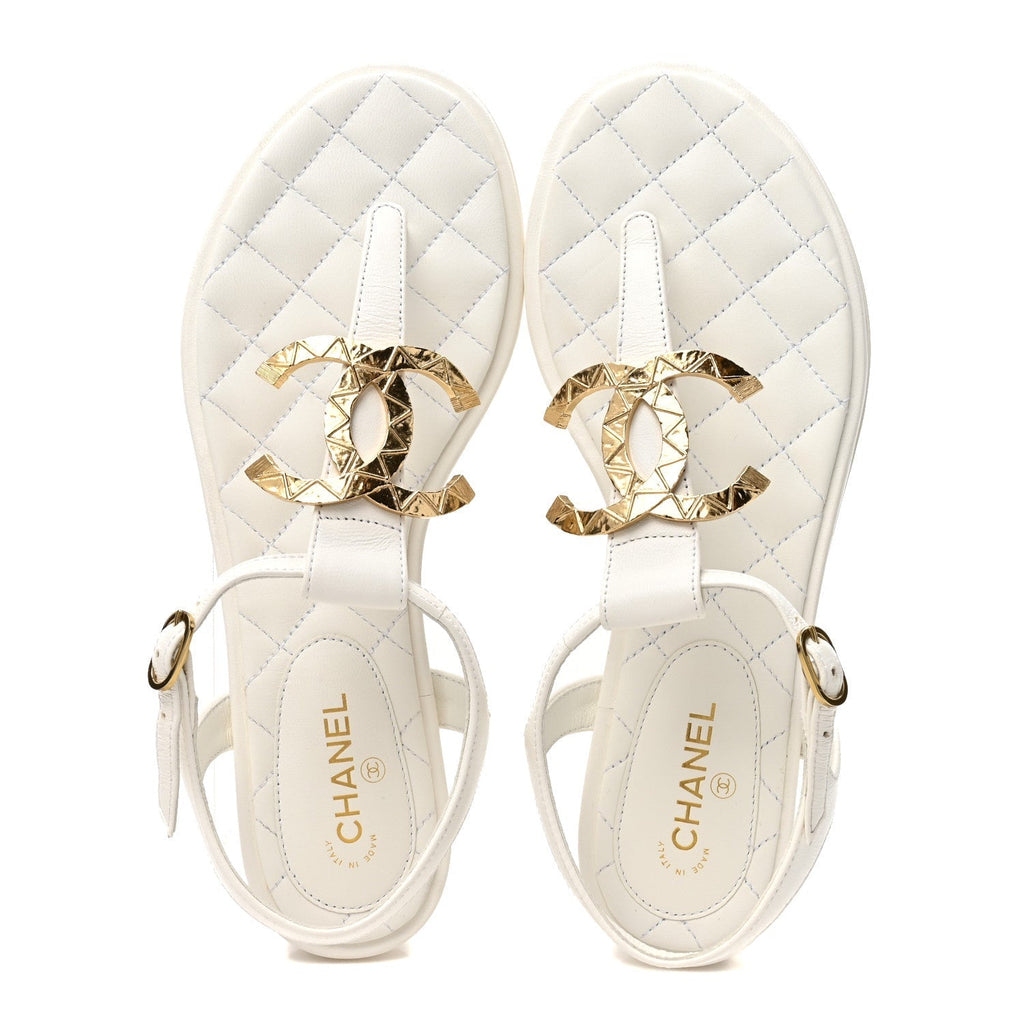 Chanel Lambskin Women's CC Thong Sandals 37.5 White