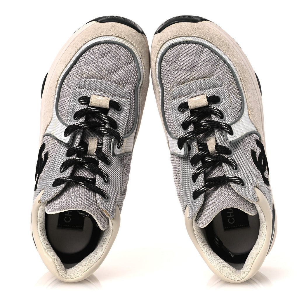 Chanel Mesh Suede Grained Calfskin Women's CC Sneakers 37 Grey White