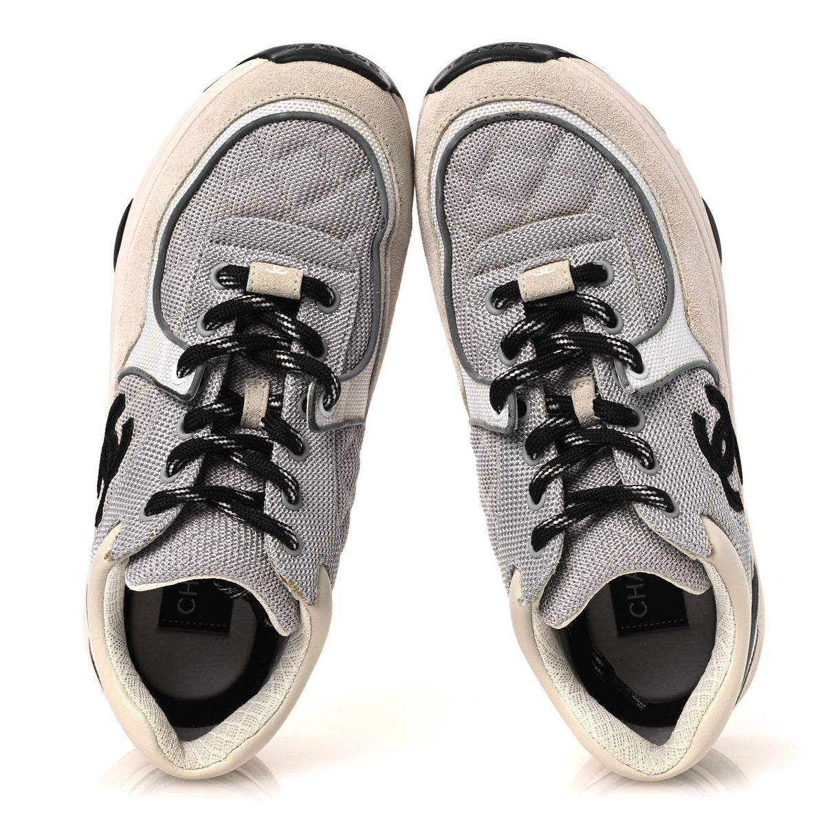 Chanel Mesh Suede Grained Calfskin Women's CC Sneakers 37 Grey White