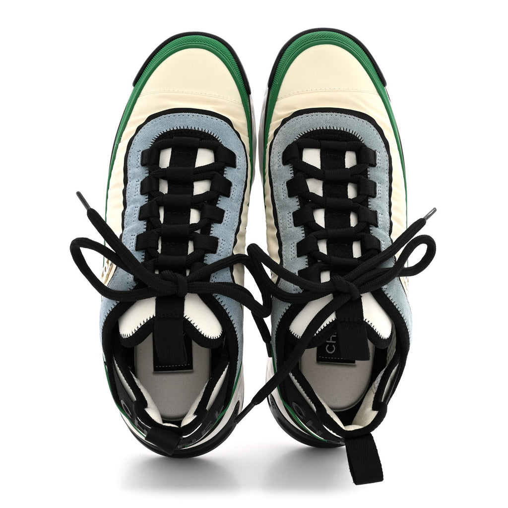 Chanel Suede Calfskin Mixed Fibers Women's CC Sneakers 39 Ivory Green Light Blue
