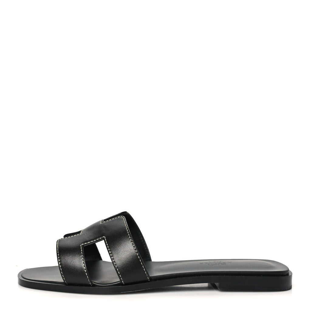 Hermès Box Calfskin Women's Oran Sandals 37.5 Black