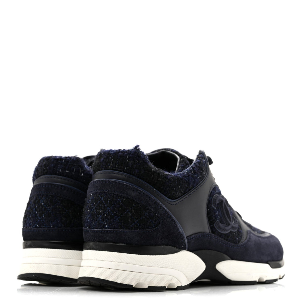 Chanel Tweed Suede Women's CC Sneakers 37.5 Black Blue
