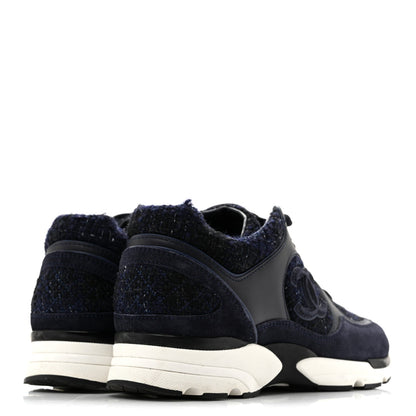 Chanel Tweed Suede Women's CC Sneakers 37.5 Black Blue