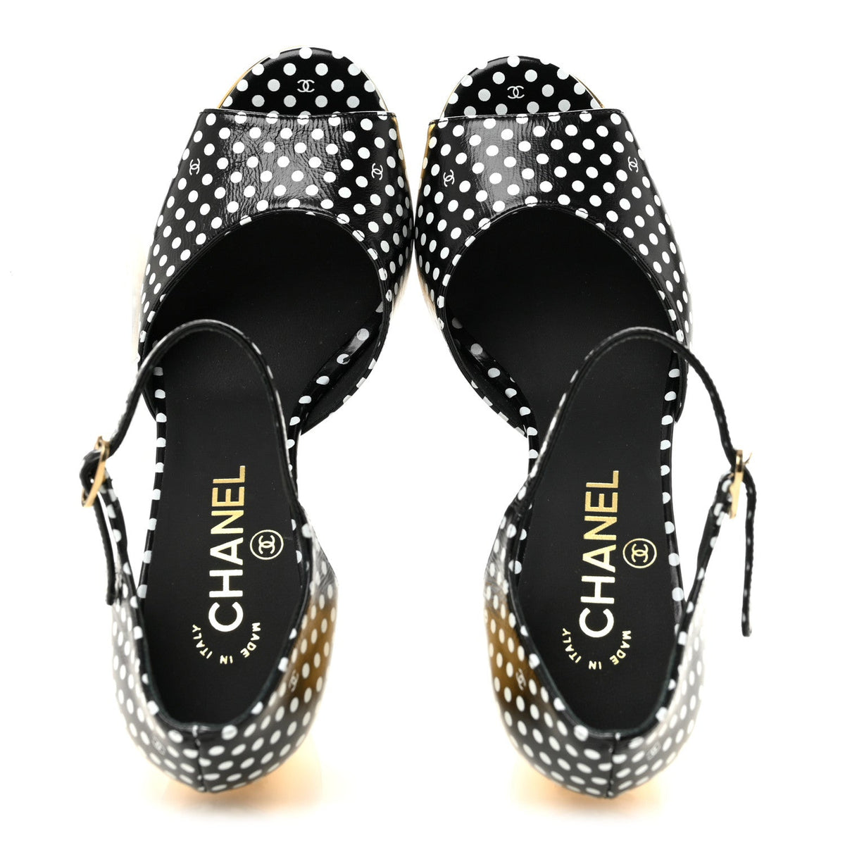 Chanel Printed Calfskin Women's Polka Dot CC Platform Sandals 37 Black White