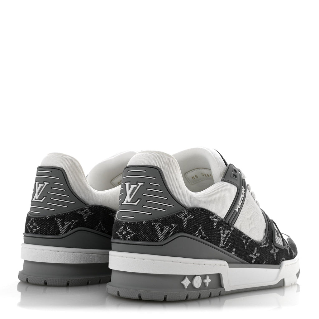 Louis Vuitton Calfskin Embossed Monogram Denim Men's LV Trainer Sneakers 10 Grey