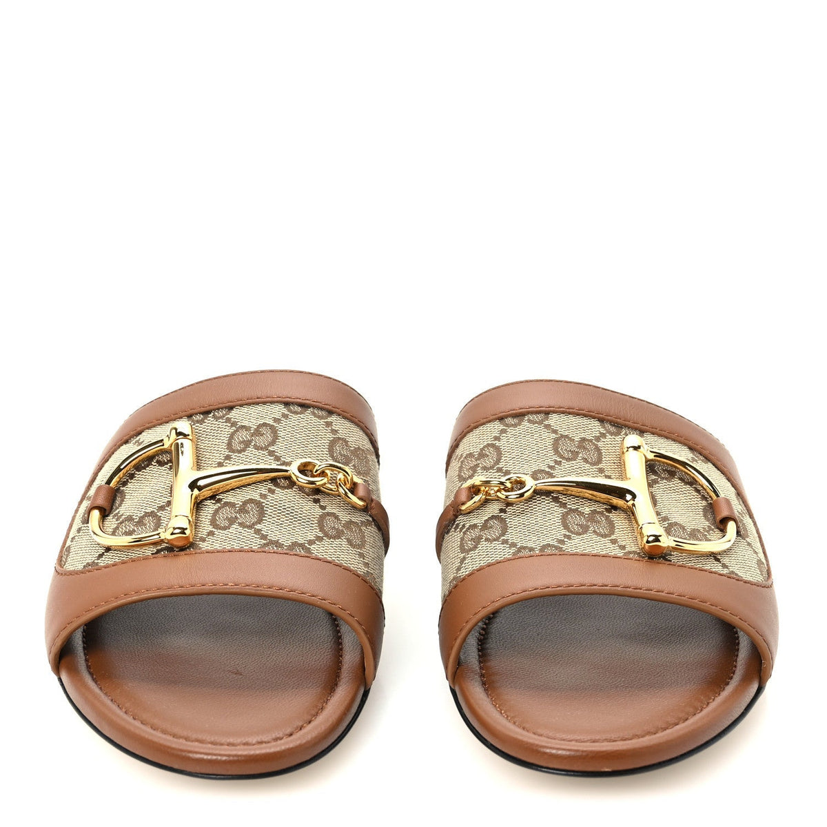 Gucci Monogram Calfskin Women's Horsebit Slide Sandals 38 Sundial Beige Ebony