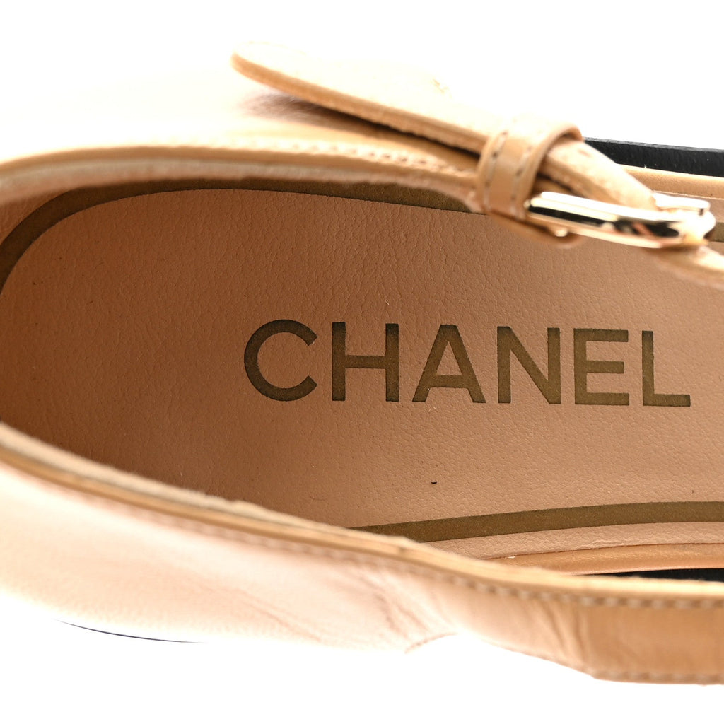 Chanel Shiny Goatskin Women's Mary Jane Flats 38.5 Beige Black