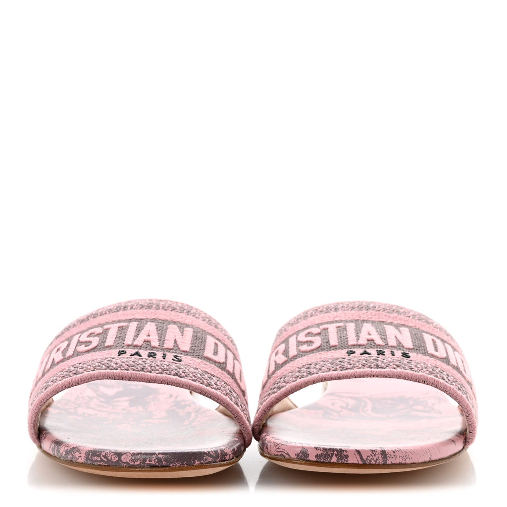 Christian Dior Canvas Women's Toile De Jouy Embroidered Dway Flat Slide Sandals 37.5 Chateau Rose
