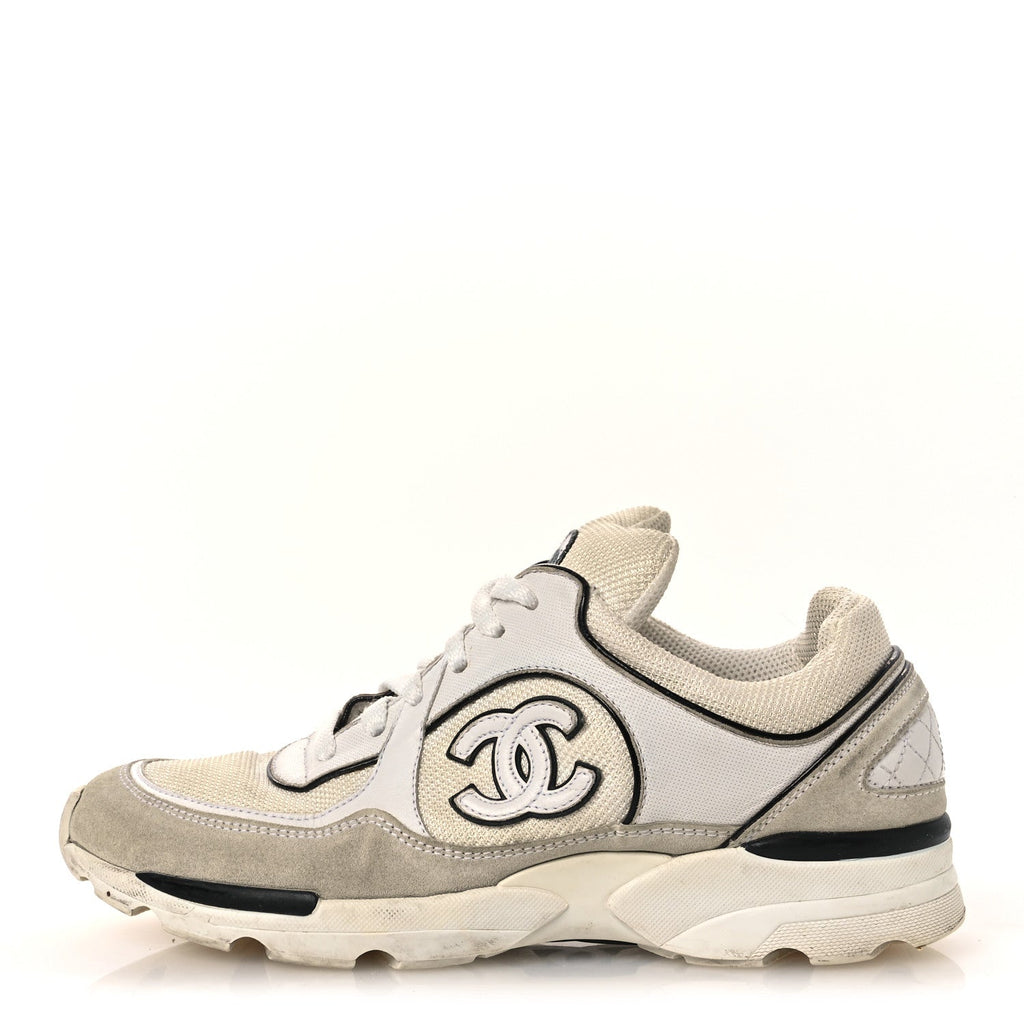 Chanel Mesh Suede Calfskin Women's CC Sneakers 37.5 White Black