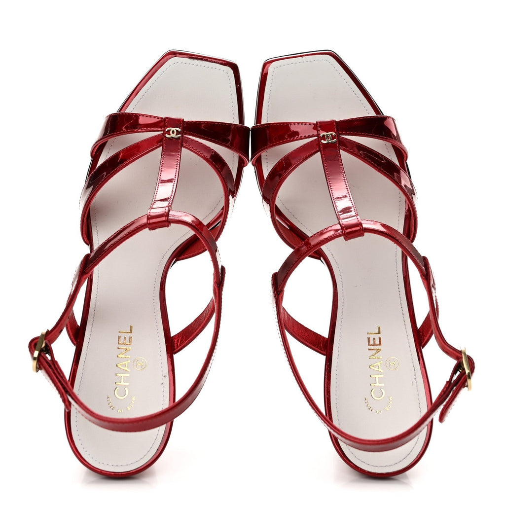 Chanel Laminated Calfskin CC Block Heel Women's Sandals