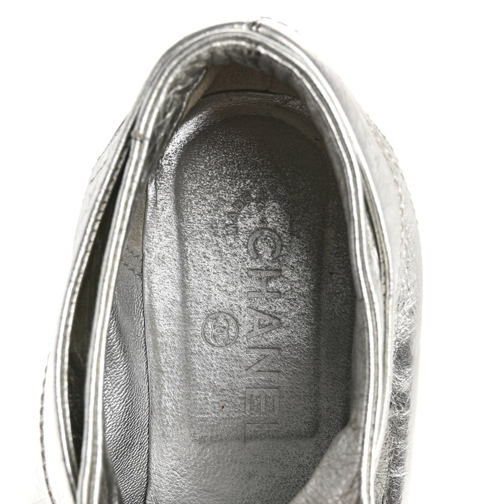 Chanel Metallic Lambskin Patent Cap Toe CC Women's Sneakers Silver Black