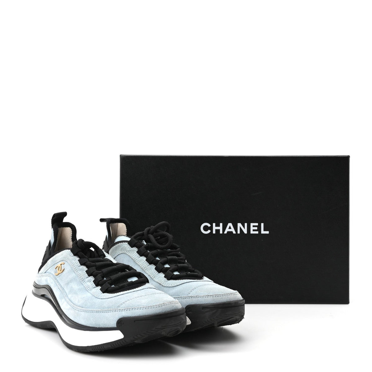 Chanel Suede Calfskin Nylon Grosgrain Women's CC Sneakers 38.5 Light Blue