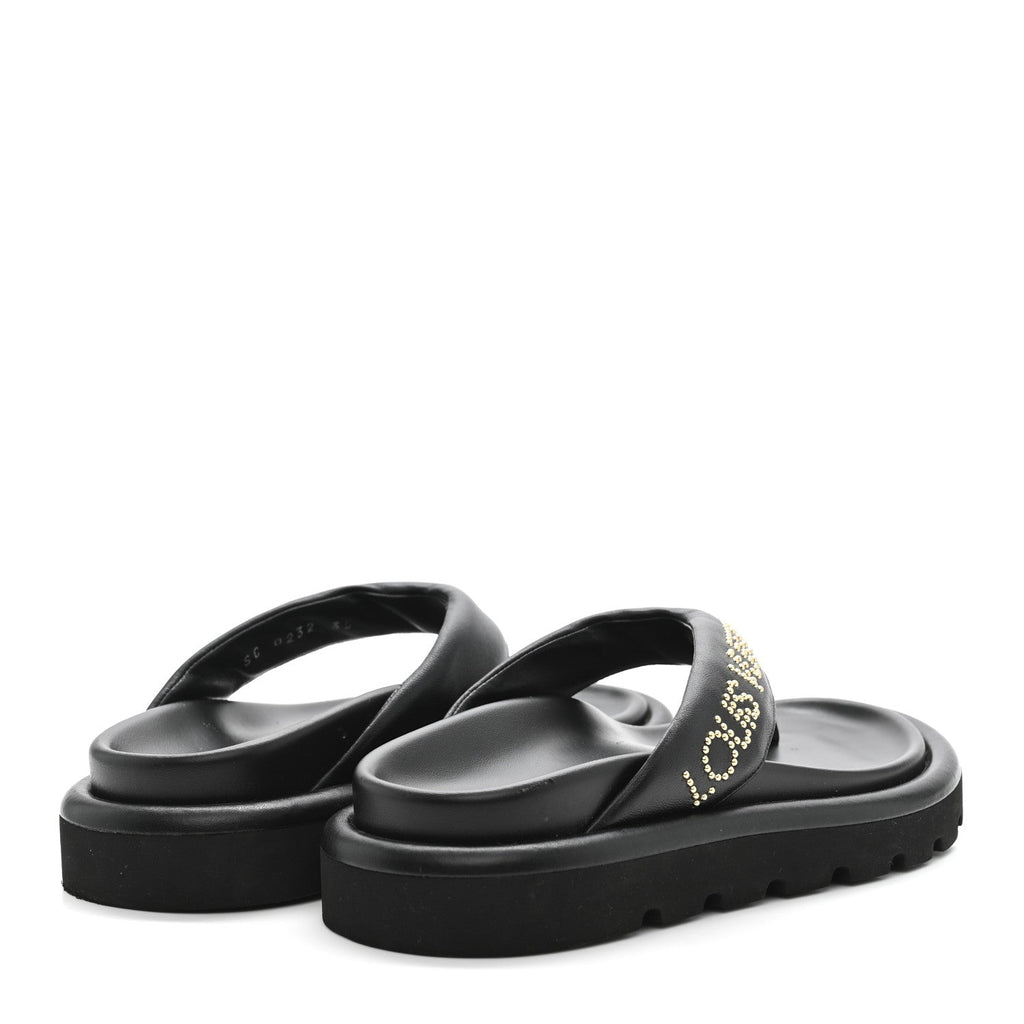 Louis Vuitton Calfskin Women's Logo Studded Pillow Flat Sandals 35 Black