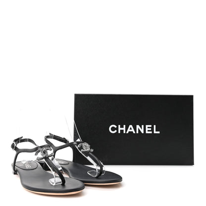 Chanel Lambskin Crystal Women's CC Thong Sandals 38 Black