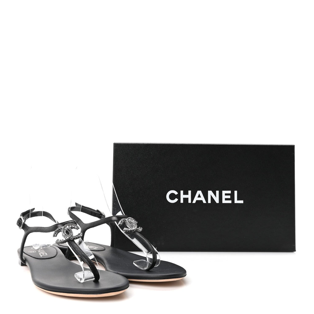 Chanel Lambskin Crystal CC Women's Thong Sandals 38 Black