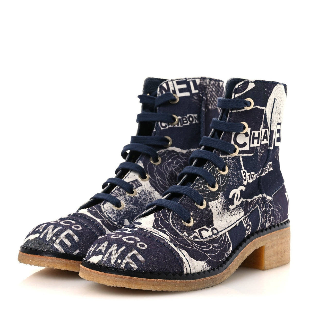 Chanel Suede Calfskin Women's CC 31 Rue Cambon Combat Boots 39.5 White Navy