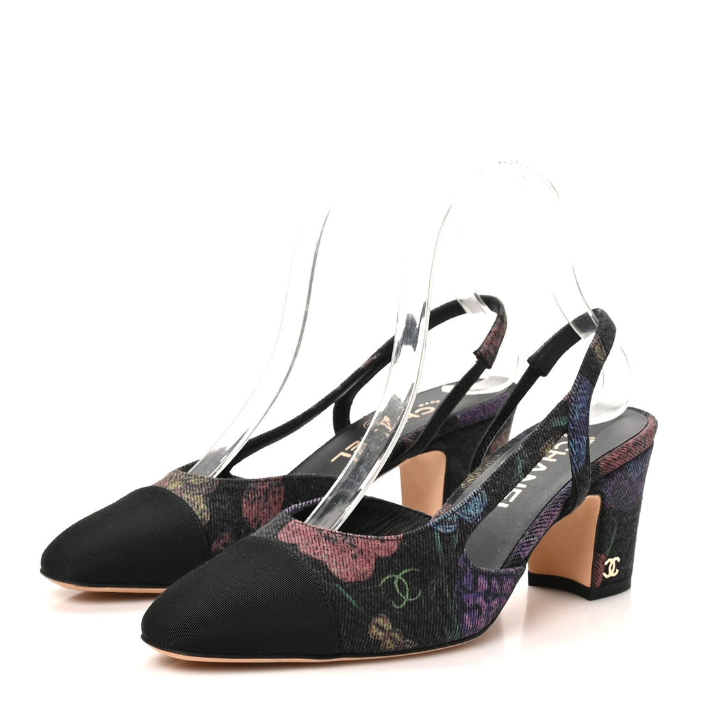 Chanel Denim Grosgrain Women's CC Slingback Pumps 37 Charcoal Multicolor