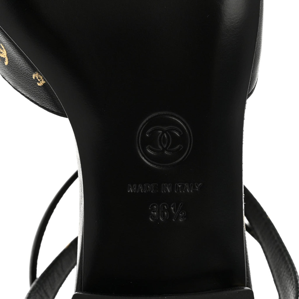 Chanel Lambskin Patent Calfskin Women's Cap Toe CC Slingbacks 36.5 Black Gold