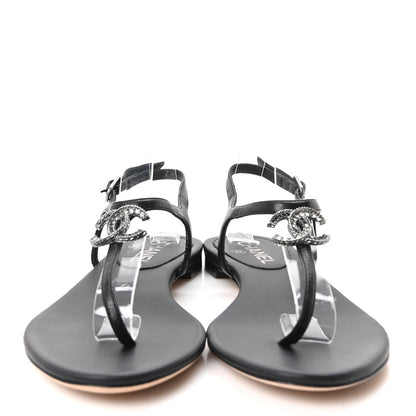 Chanel Lambskin Crystal Women's CC Thong Sandals 38 Black
