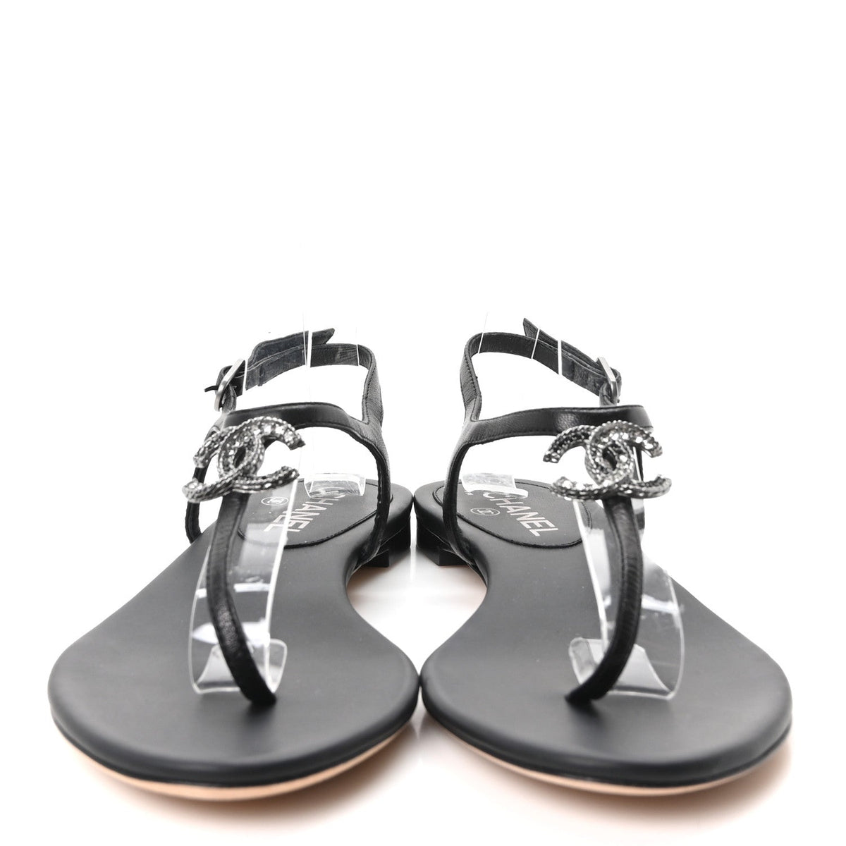 Chanel Lambskin Crystal CC Women's Thong Sandals 38 Black